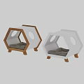 Hexagonal Cat Bed With Wooden Frame White Panels Circular Windows And Gray Cushion Wooden Legs