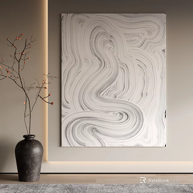 Black And White Marble Pattern Painting With Black Vase And Red Fruit Branches 3d model