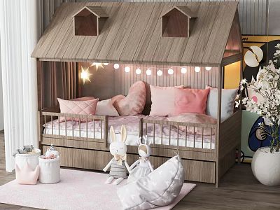 Cute House Shaped Kids Bed With Pink Pillows String Lights And Stuffed Rabbit Toys 3d model