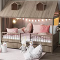 Cute House Shaped Kids Bed With Pink Pillows String Lights And Stuffed Rabbit Toys