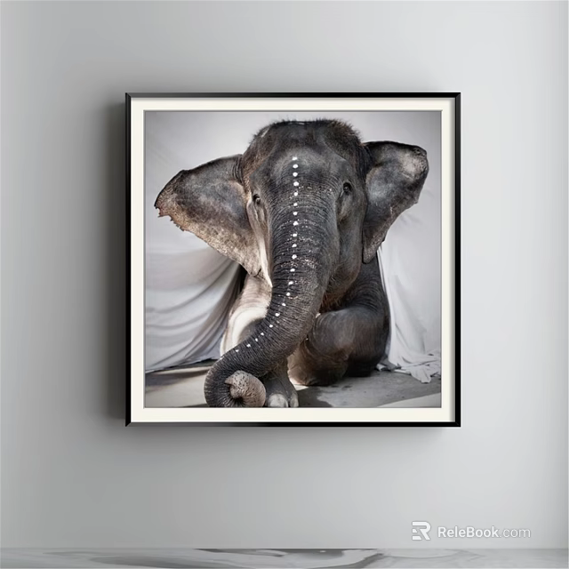 Elephant Animal Painting With Large Ears Curled Trunk Decorative Dots White Fabric Background Wall Art 3d model 
