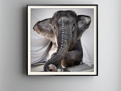Elephant Animal Painting With Large Ears Curled Trunk Decorative Dots White Fabric Background Wall Art 3d model