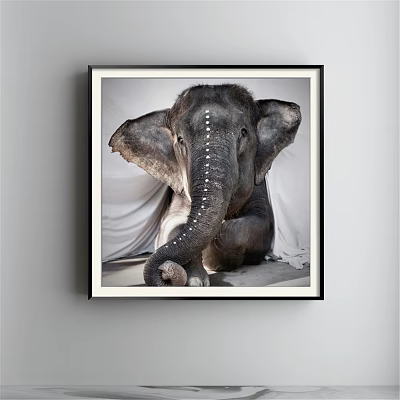 Elephant Animal Painting With Large Ears Curled Trunk Decorative Dots White Fabric Background Wall Art 3d model