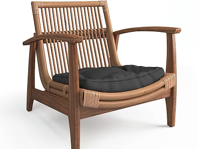 Natural Wooden Frame Leisure Chair With Rattan Woven Backrest and Black Comfortable Cushion 3d model