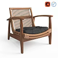 Natural Wooden Frame Leisure Chair With Rattan Woven Backrest and Black Comfortable Cushion