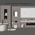 Modern Bathroom Interior With Freestanding Bathtub Round Mirror Vanity And Toilet