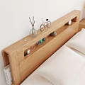 Wooden Modern Double Bed with White Sheets Bedside Shelf Nightstand Lamp Potted Plant Natural Light