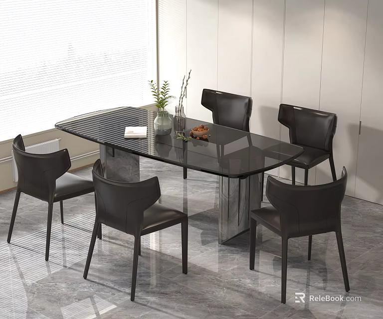 Modern Dining Table Set with Glass Top and Six Black Leather Chairs in Sleek Design 3d model 