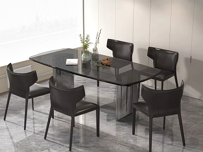 Modern Dining Table Set with Glass Top and Six Black Leather Chairs in Sleek Design 3d model