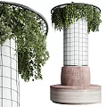 Modern White Wall Decor with Grid Design Hanging Green Plants and Brown Pedestal