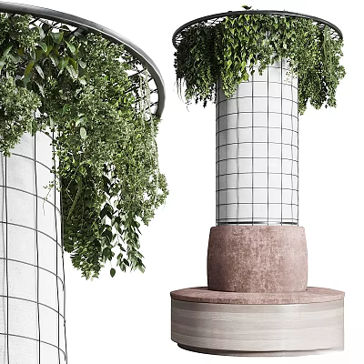 Modern White Wall Decor with Grid Design Hanging Green Plants and Brown Pedestal 3d model