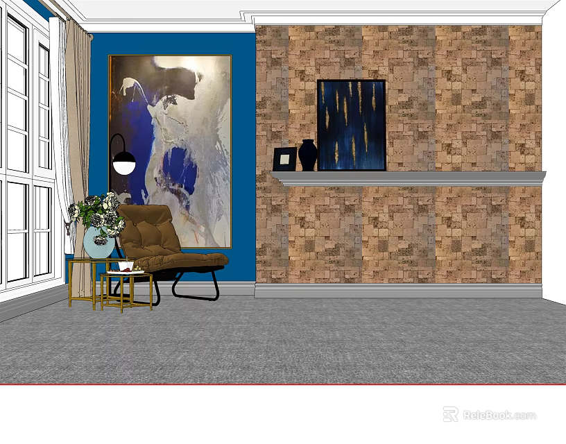Comfortable Lounge Chair With Blue Wall Brown Brick Wall Artwork Side Table And Green Plant 3d model 