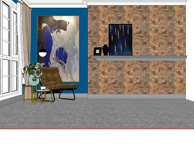 Comfortable Lounge Chair With Blue Wall Brown Brick Wall Artwork Side Table And Green Plant 3d model