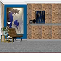 Comfortable Lounge Chair With Blue Wall Brown Brick Wall Artwork Side Table And Green Plant