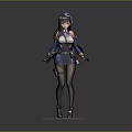 Detailed 3D Female Warrior Character In Blue White Outfit With Weapon And Black Stockings