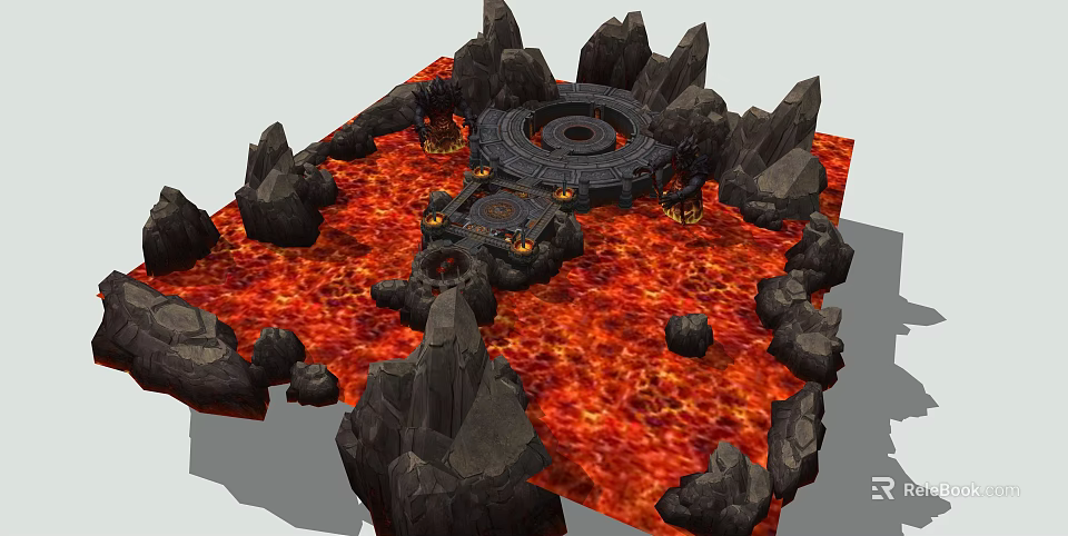 Volcanic Lava Pool Scene With Circular Stone Platform And Jagged Rock Formations 3d model 