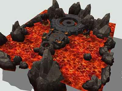 Volcanic Lava Pool Scene With Circular Stone Platform And Jagged Rock Formations 3d model