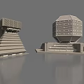 Two Modern Architecture Models With Stepped Left And Octagonal Top Right Structures And Water Reflection 3d model