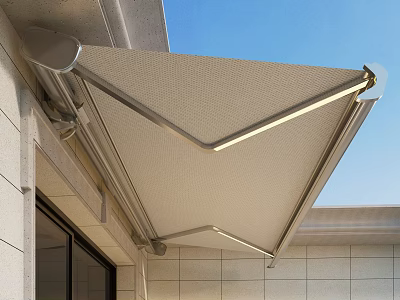 Outdoor Retractable Awning With Beige Fabric And Metal Frame On Building Exterior 3d model