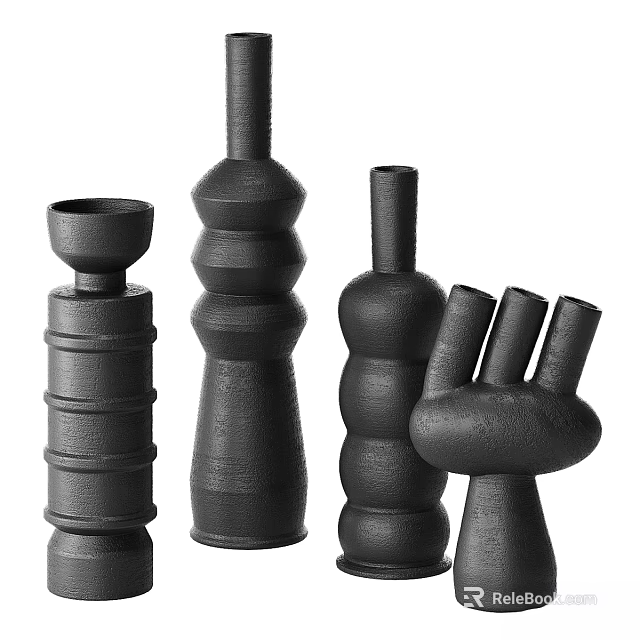 Modern Black Decorative Ornament Set with Geometric Stacked Designs for Home Decor 3d model 