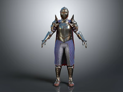 Fantasy Game Movie Character In Detailed Metallic Armor With Helmet And Purple Cloak 3d model
