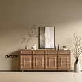 Wooden Console Sideboard Cabinet With Green Leaf Plant Decorative Painting And White Vase