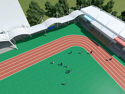 Outdoor Canopy At Stadium With Running Track Green Turf And People Exercising 3d model