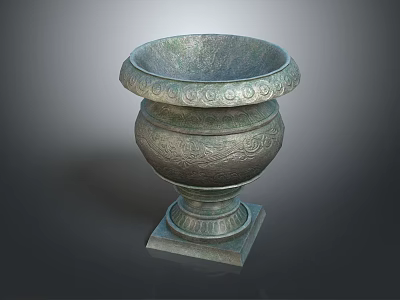 Elegant Ornamental Plant In Antique Bronze Decorative Pot With Carved Patterns And Square Base 3d model