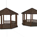 Two Wooden Gazebos With Pyramid Roof Railing And Columns Design
