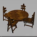 Classic Round Wooden Dining Table With Four Backrest Chairs And Dark Brown Texture