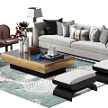 Elegant Modern Sofa and Coffee Table Set With Blue Patterned Rug Ottoman and Pillows 3d model
