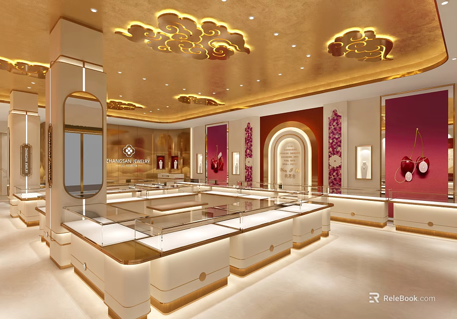 Luxurious Jewelry Store Interior With Glass Display Cases Golden Ceiling Decor And Elegant Counters 3d model 