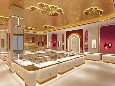 Luxurious Jewelry Store Interior With Glass Display Cases Golden Ceiling Decor And Elegant Counters 3d model