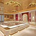 Luxurious Jewelry Store Interior With Glass Display Cases Golden Ceiling Decor And Elegant Counters