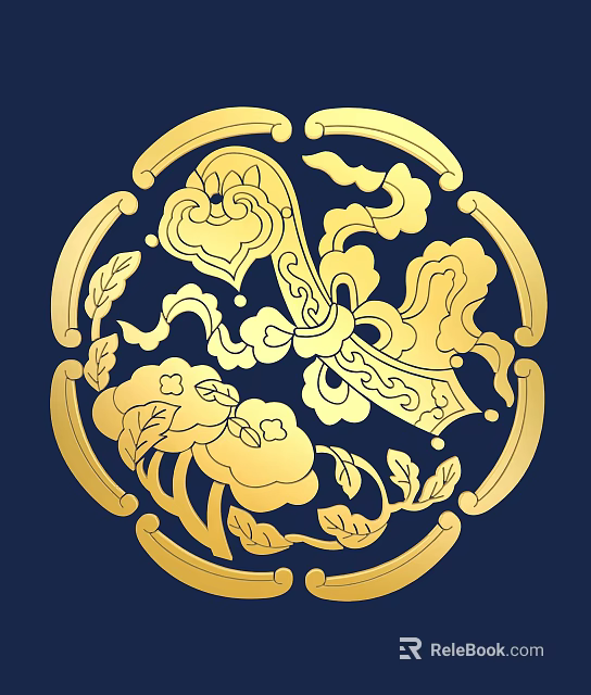 Exquisite Gold Floral Carving With Cloud Patterns And Circular Design On Dark Blue Background 3d model