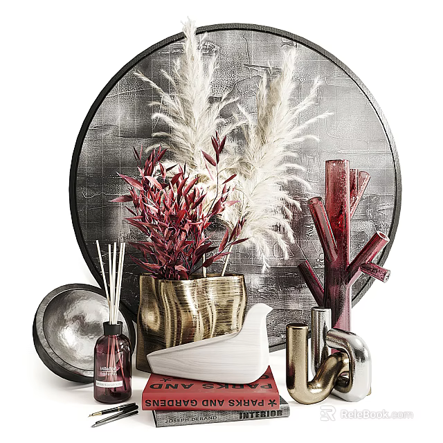 Stylish Decorative Ornament Set With Metallic Vases Plants Ceramic Dove And Aromatic Bottles 3d model 