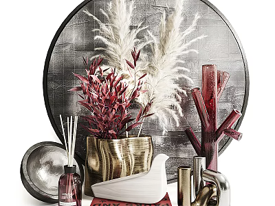 Stylish Decorative Ornament Set With Metallic Vases Plants Ceramic Dove And Aromatic Bottles 3d model