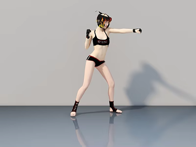 Woman Posing In Boxing Stance With Black Sportswear Gloves On Shiny Grey Floor 3d model