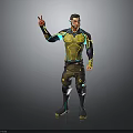 Man In Futuristic Yellow And Blue Outfit With Knee Pads Raising Hand Against Gray Background