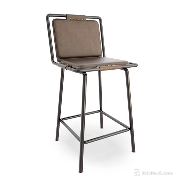 Stylish Brown Leather Bar Stool Featuring Black Metal Frame And Comfortable Seat 3d model 