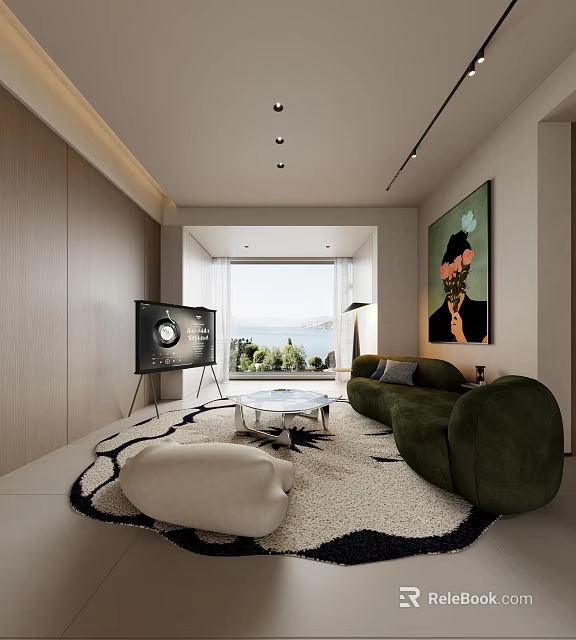 Modern Spacious Living Room With Panoramic Landscape Window And Comfortable Curved Sofa Interior Decoration Ideas 3d model 