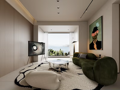 Modern Spacious Living Room With Panoramic Landscape Window And Comfortable Curved Sofa Interior Decoration Ideas 3d model