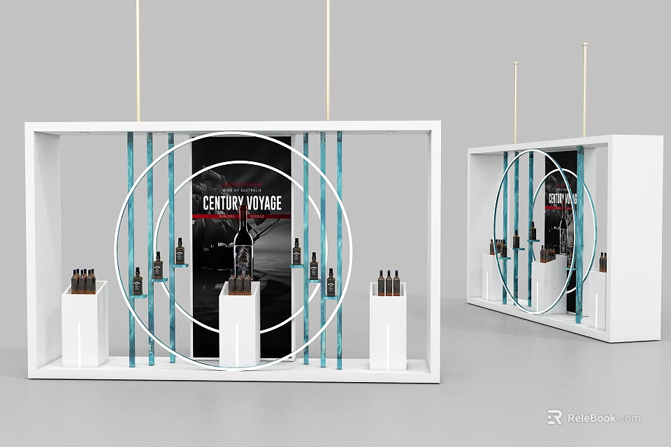 White Frame Display Shelves With Blue Stripes Circular Design For Vintage Wine Bottles 3d model 