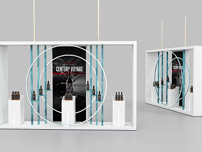 White Frame Display Shelves With Blue Stripes Circular Design For Vintage Wine Bottles 3d model