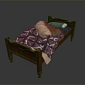 Classic Wooden Bed With Headboard Footboard Purple White Leaf Pattern Quilt And Blue Beige Pillows