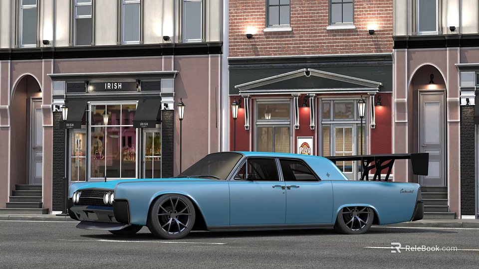 Light Blue Vintage Car Parked On Urban Street Near Brick Buildings And Bistro 3d model 