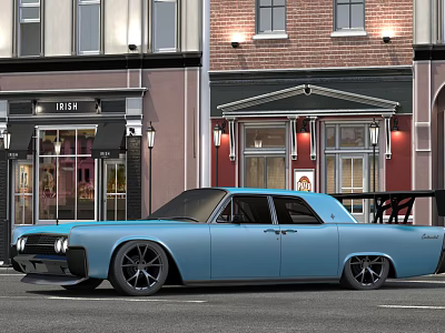 Light Blue Vintage Car Parked On Urban Street Near Brick Buildings And Bistro 3d model