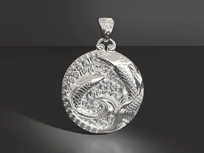 Ornate Silver Pendant With Intricate Fish Design And Engraved Wave Patterns 3d model