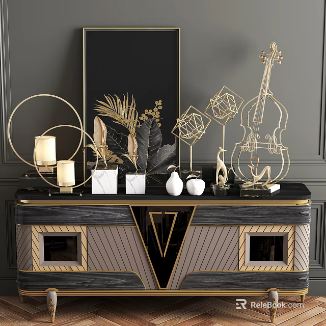 Modern Luxury Entryway Console Cabinet With Gold Accents Marble Top And Geometric Decor 3d model 