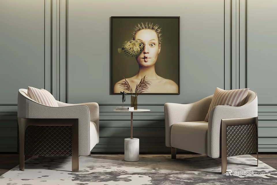 Elegant Leisure Sofa Set With Beige Chairs Small Side Table And Gray Wall Art 3d model 